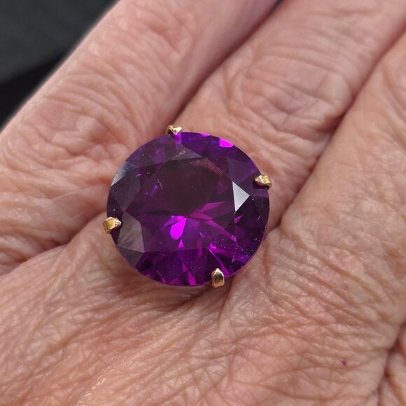 14K Gold Amethyst Solitaire Ring Large Round Gemstone Estate Size 7 HS136 - Picture 7 of 14